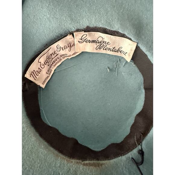 Vintage 1950s Feather Cocktail Tilt Hat Teal Felt Fascinator Germaine Montabert